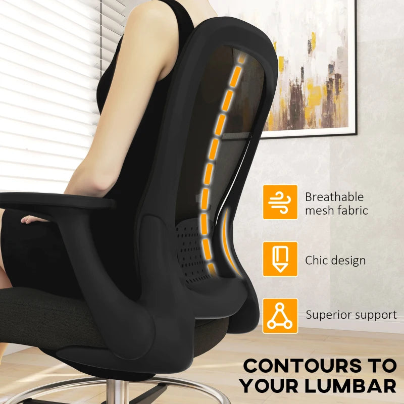Ergonomic Draughtsman Chair - Mesh Drafting Office Chair with Flip-Up Armrests & Adjustable Foot Ring - Black