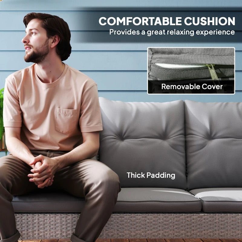 5-Seater Grey Rattan Garden Furniture Set - 2 Armchairs, 3-Seater Wicker Sofa, 2 Footstools & Glass Table - 6 Piece Patio Sofa Set with Cushions for Conservatory