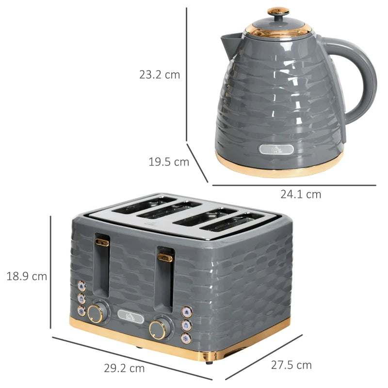 3000W Kettle & 4 Slice Toaster Set - 1.7L Rapid Boil, 7 Browning Controls, Defrost & Reheat, UK Otter Thermostat, Grey