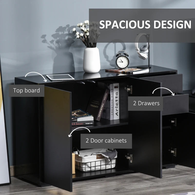 High Gloss Black Side Cabinet with Push-Open Design, 2 Drawers & 2 Cabinets for Living Room - 74H x 117W x 36Dcm