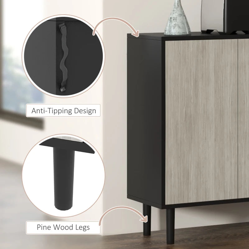 Stylish Black Kitchen Sideboard Storage Cabinet with Adjustable Shelves, 4 Doors & Pine Wood Legs for Living Room