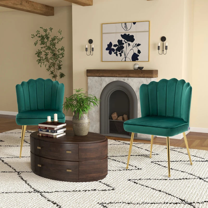 Set of 2 Velvet Upholstered Dining Chairs with Gold Metal Legs, Stylish Lounge Chairs for Kitchen and Living Room, Green