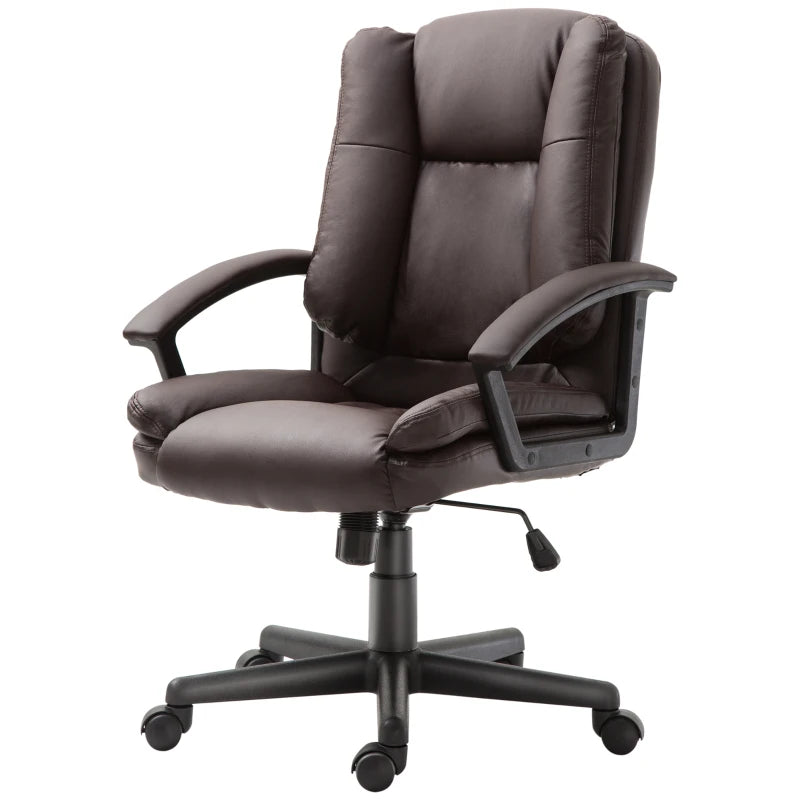 Brown PU Leather Mid Back Office Chair - Adjustable Height, Swivel Rolling Wheels - Ideal for Home Study & Computer Desk