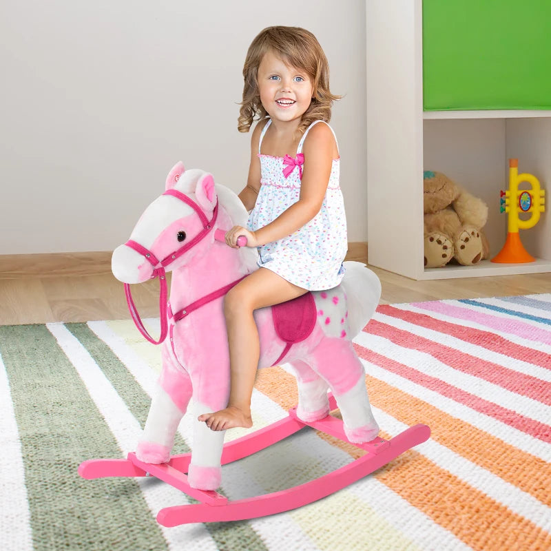 Pink Baby Rocking Horse Plush Ride-On Toy with Sound and Handle Grip for Kids Ages 3-6 - Perfect Gift!