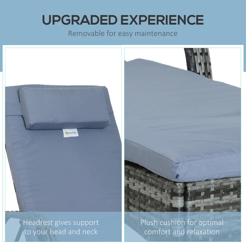 Grey Rattan Sun Lounger with Adjustable Headrest and Blue Cushion