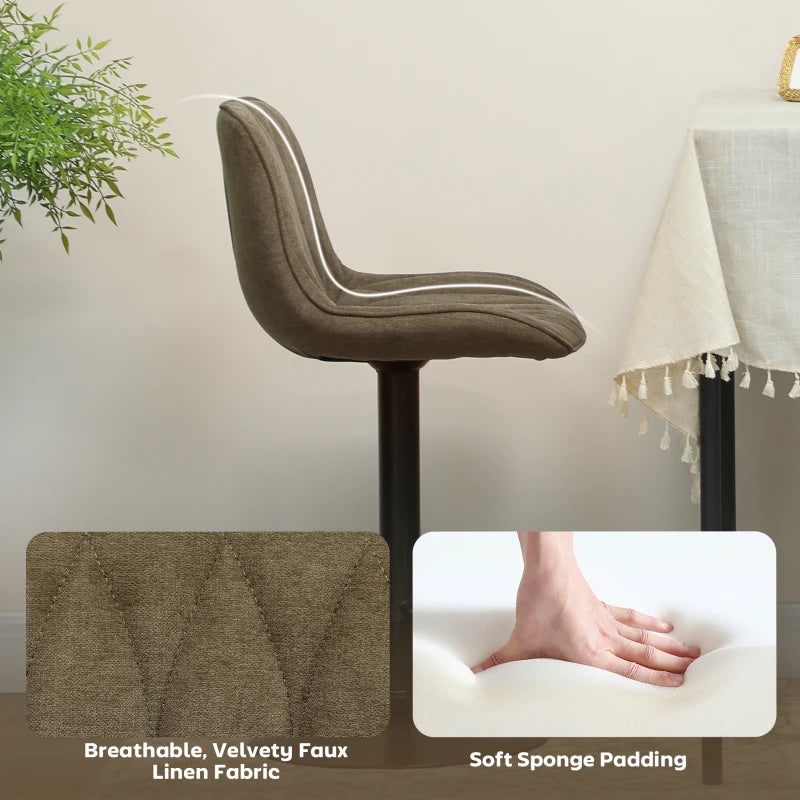 Set of 2 Stylish Brown Linen-Look Bar Stools - Modern Design for Kitchen & Dining - Comfortable Seating