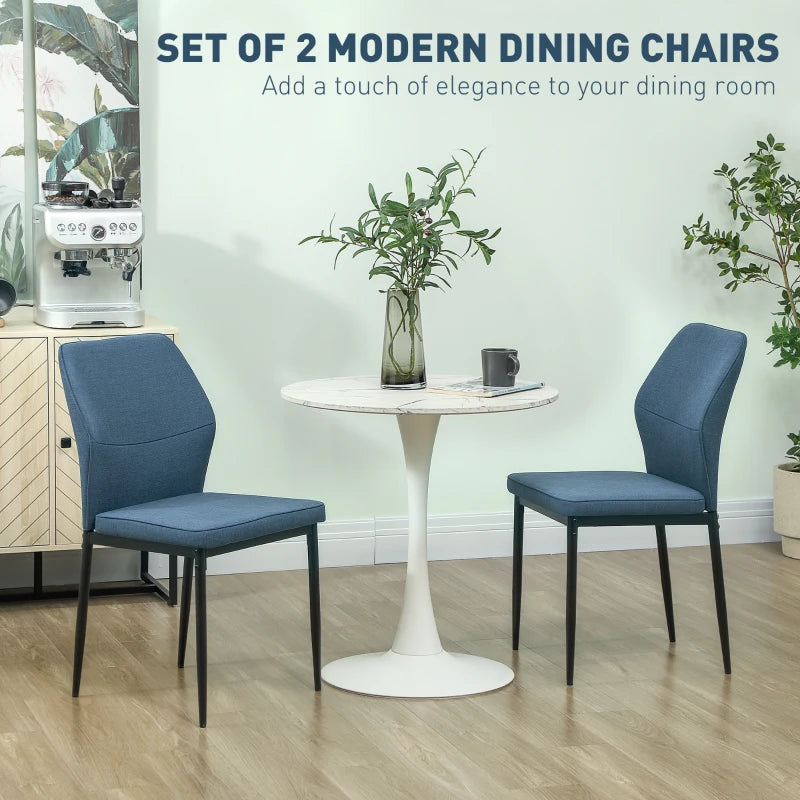 Set of 2 Velvet Dining Chairs - Modern Armless Upholstered Kitchen Chairs with Metal Legs, Curved Back, Padded Seat - Blue