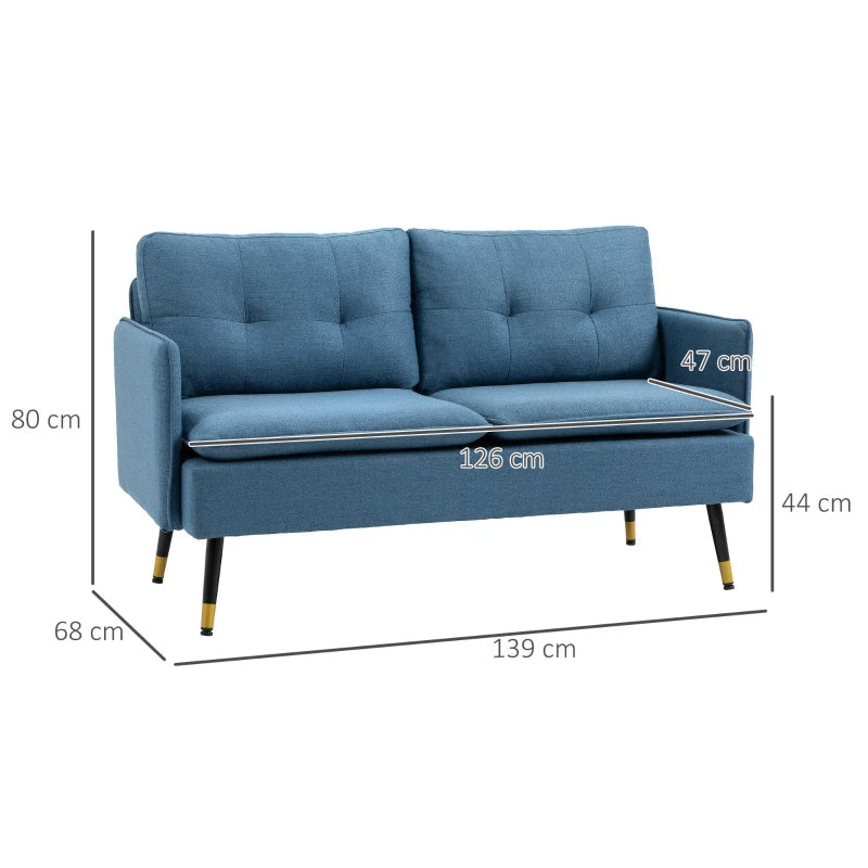 Modern Button Tufted Two Seater Sofa with Cushions and Steel Legs for Living Room, Dark Blue