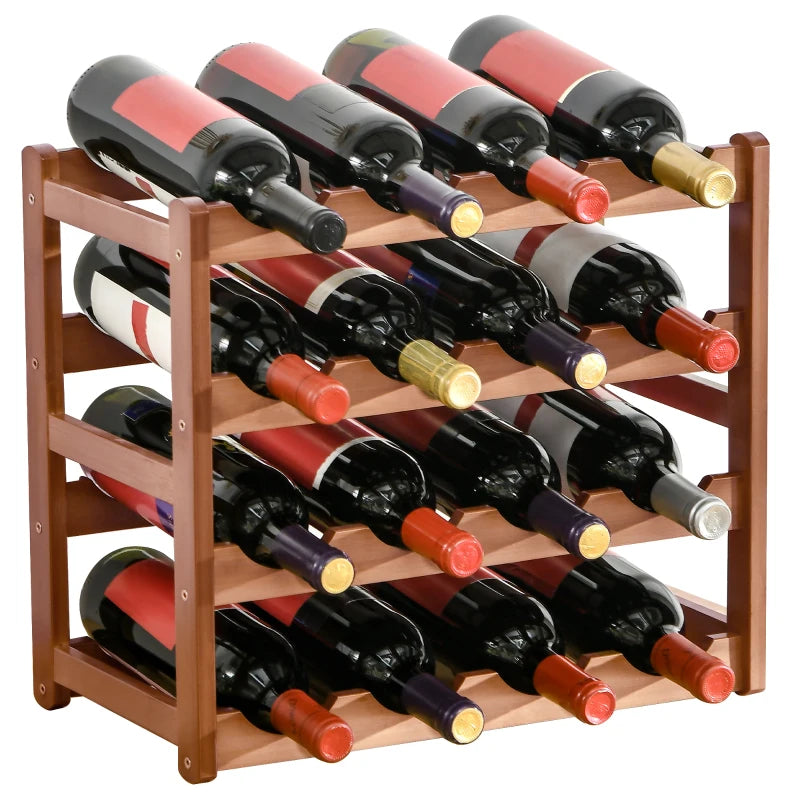 Free Standing Bamboo Wine Rack - 16 Bottle Holder, 4-Tier Water Bottle Organizer, Stylish Display Shelf for Home Bar, Brown