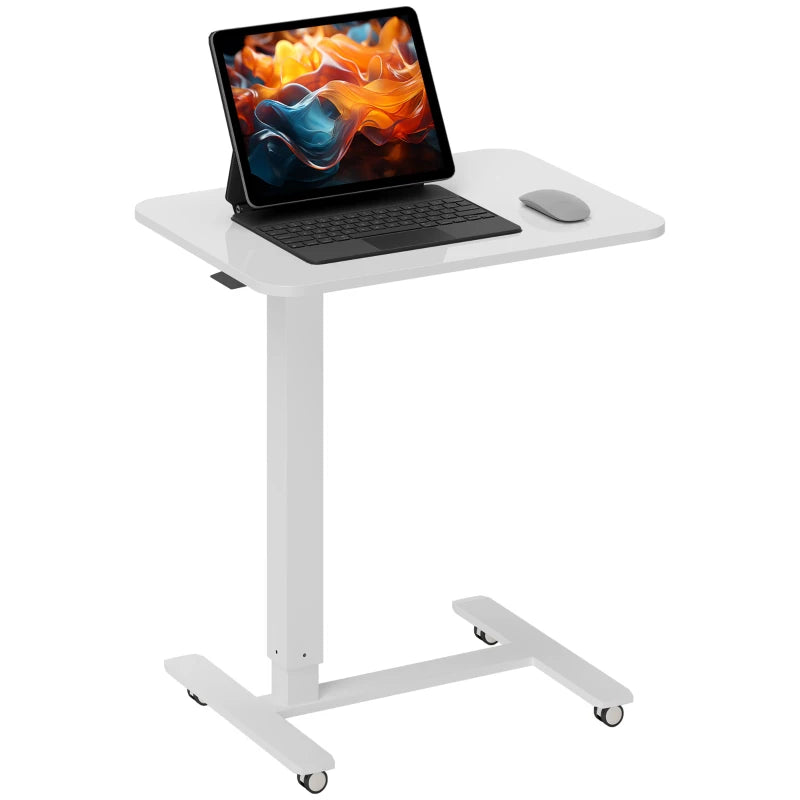 Height Adjustable Pneumatic Standing Desk - Mobile Overbed Table with Wheels for Home Office & Laptop - White Finish