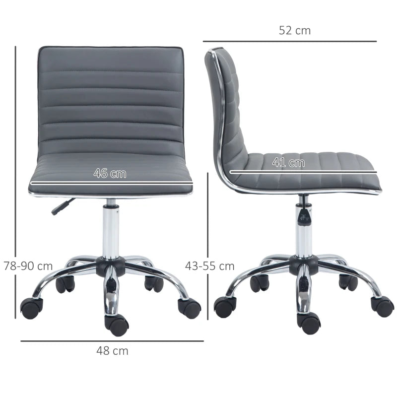 Armless Swivel Task Desk Chair - Adjustable Faux Leather Office Chair with Chrome Base & Wheels - Dark Grey