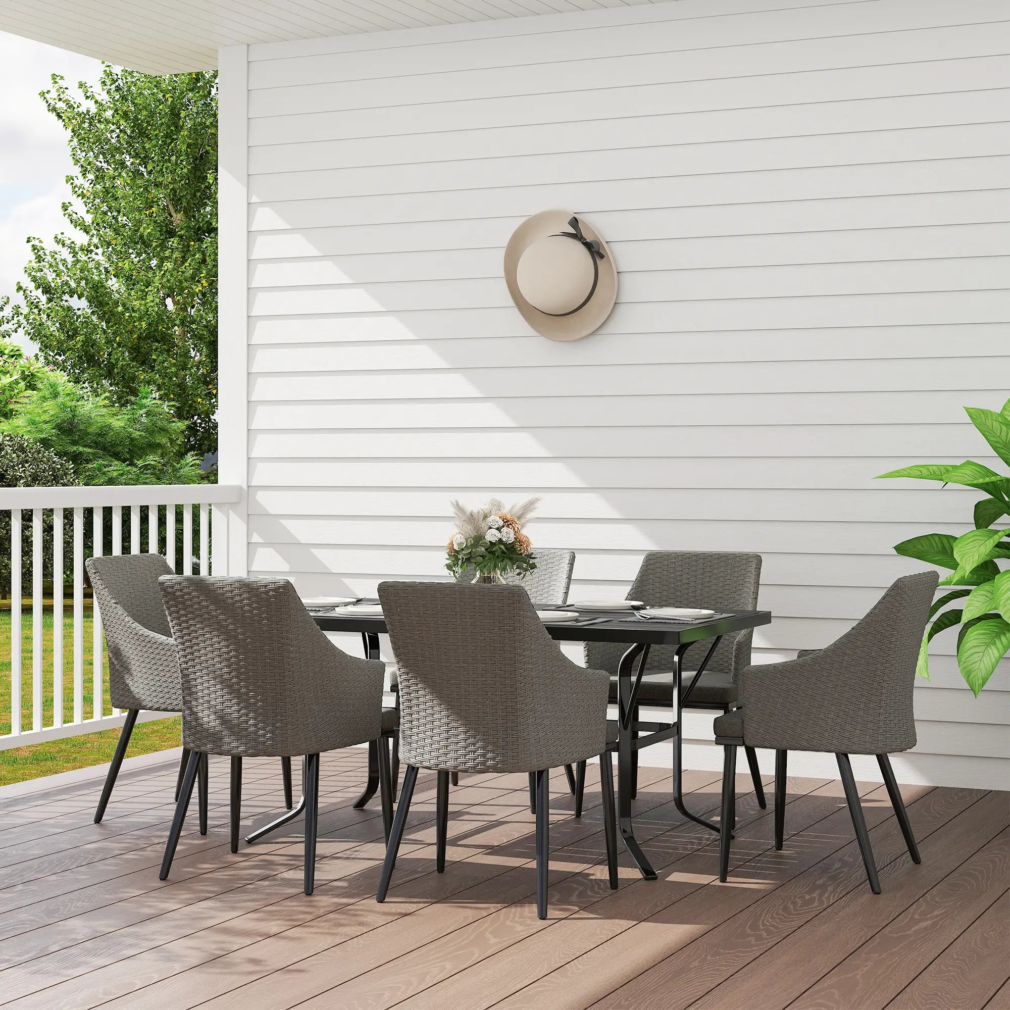 6 Seater Rattan Dining Set with Cushions, Armchairs, Rectangle Slatted Table Top, Steel Frame & Parasol Hole