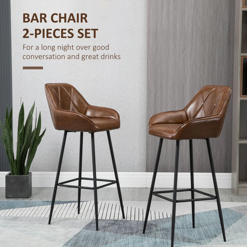 Retro Bar Stools Set of 2 - Stylish Breakfast Bar Chairs with Footrest, Steel Legs, Perfect for Kitchen & Home Bar, Brown