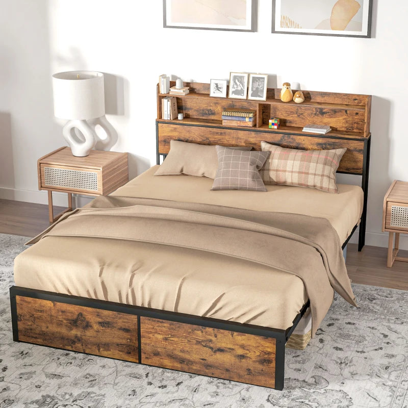 Industrial King Bed Frame with Storage Headboard & Footboard, 5.2FT Steel Base, Slatted Support, Rustic Brown, 158x222cm