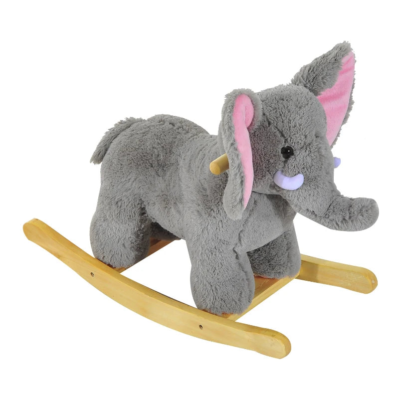 Kids Grey Elephant Rocking Horse Plush Ride-On Animal - Traditional Wooden Rocker with 32 Nursery Rhymes - Perfect Gift!