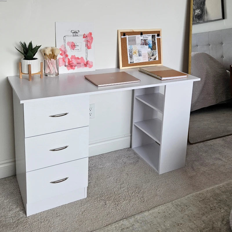 Modern White Computer Desk with 3 Storage Shelves & Drawers, Stylish Writing Table for Home Office, Silver Handle