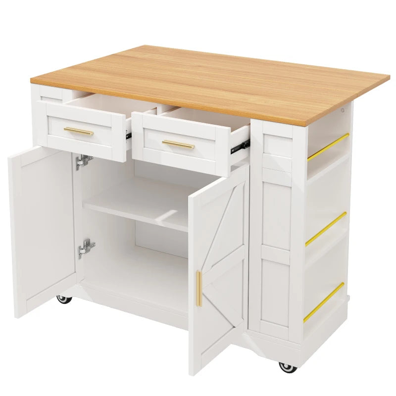 Adjustable Kitchen Island Trolley - Rolling Cart with Drawers & Storage Racks, 120x40x90 cm, White - Easy Stability