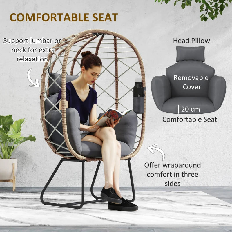 Brown Rattan Egg Chair - Outdoor Indoor Wicker Chair with Thick Cushion & Headrest, Metal Frame Garden Egg Chair with Cup Holder, Perfect for Patio & Balcony