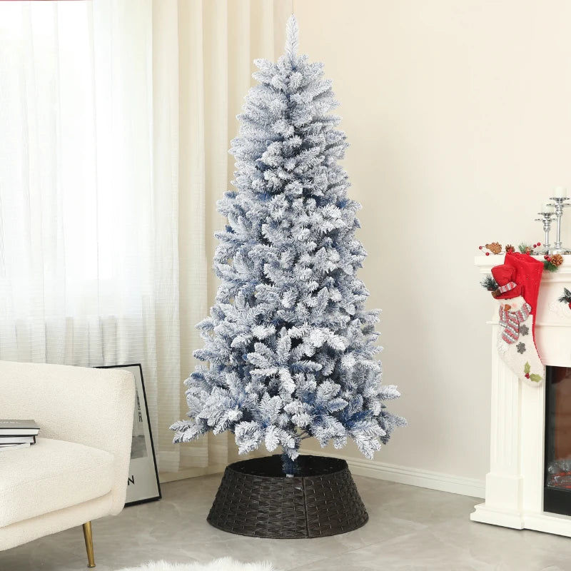 6ft Flocked Artificial Christmas Tree with 700 Snow Frosted Tips & Metal Stand - Snowy Hinged Xmas Tree in Blue