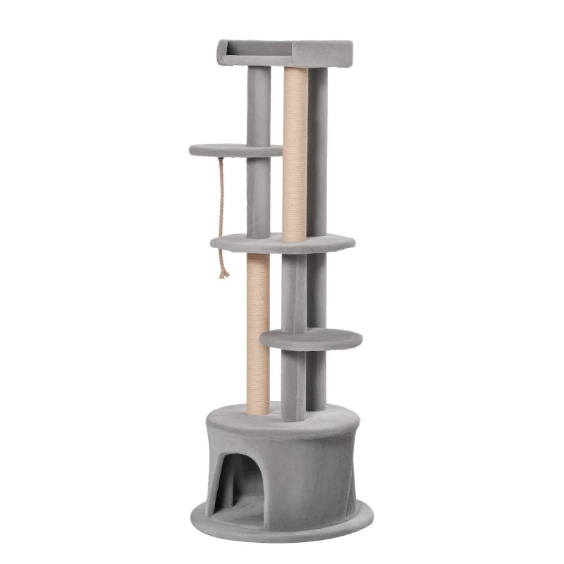 Multi-Level Cat Tree for Indoor Cats - Plush Kitten Tower with Scratching Post, Condo, and Hanging Ropes - Grey Pet Furniture