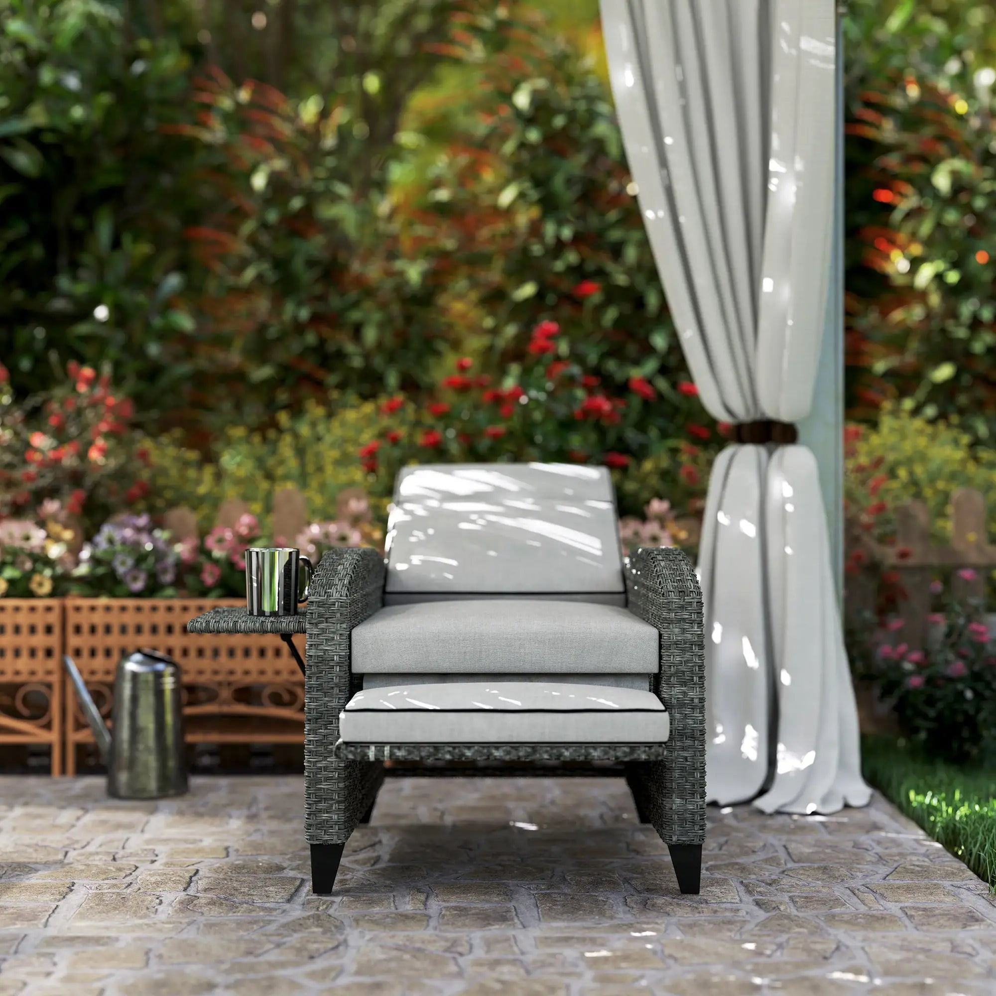 Grey Rattan Recliner Chair with Adjustable Backrest and Footrest, Cushions, Side Tray