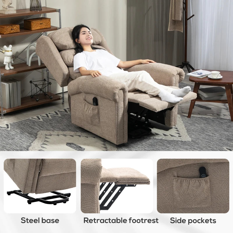 Velvet Electric Riser Recliner Chair for Elderly with Remote Control, Side Pockets and Thick Padded Back in Khaki