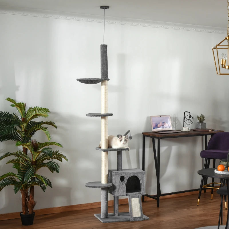 270cm Cat Tree for Indoor Cats - Floor to Ceiling Scratching Post with Hammock & Hanging Ball - Grey Activity Center