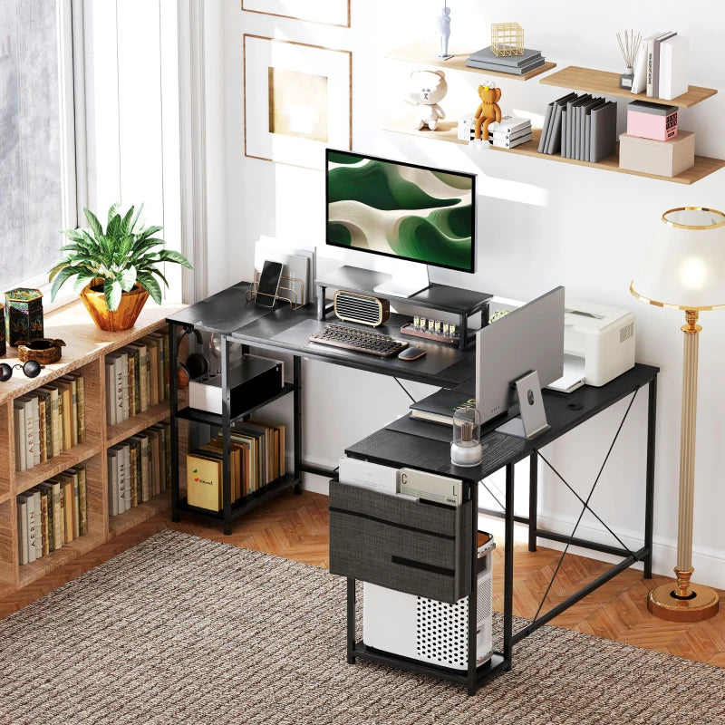 Reversible 168cm L Shaped Desk - Industrial Corner Computer Table with Adjustable Shelf & Storage Bag, 240cm for 2 Users, Black