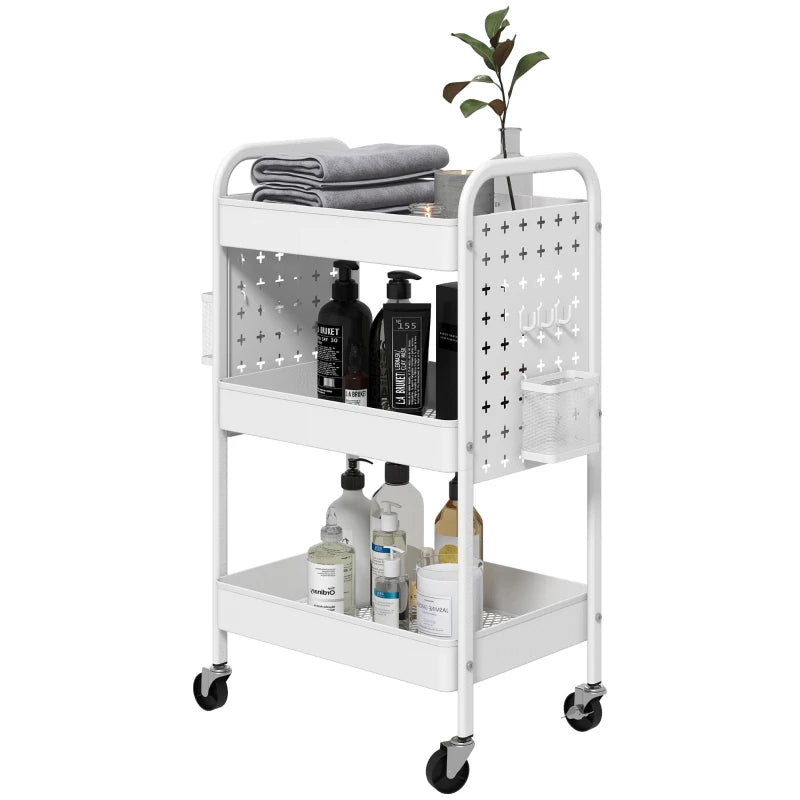 3-Tier Rolling Storage Trolley with Mesh Baskets, Hanging Boxes & Hooks - Versatile Utility Cart for Kitchen & Living Room - White