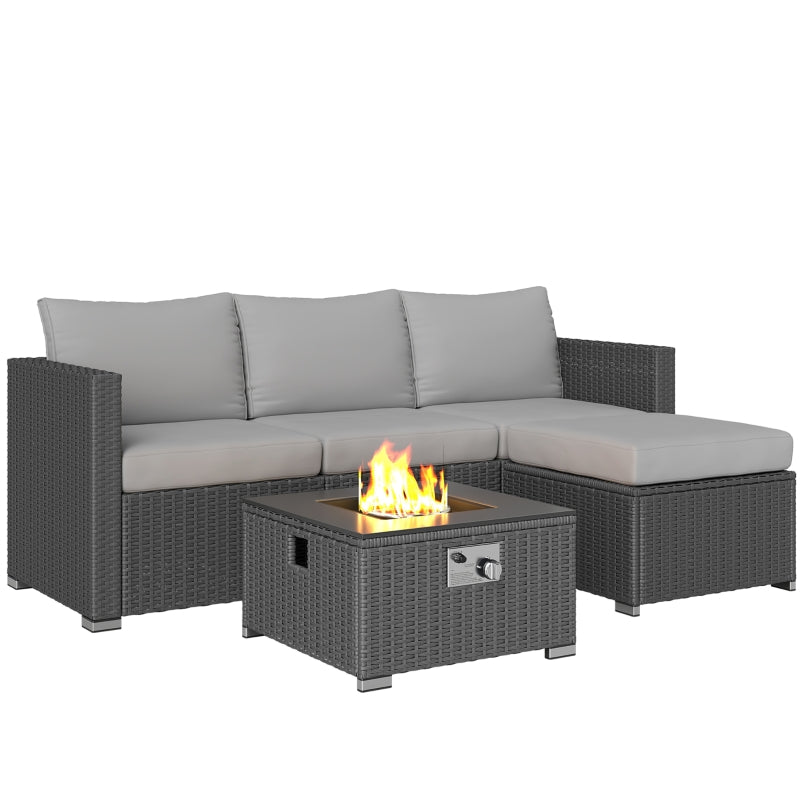 5-Piece Grey Rattan Garden Furniture Set with Gas Fire Pit Table & Footstools