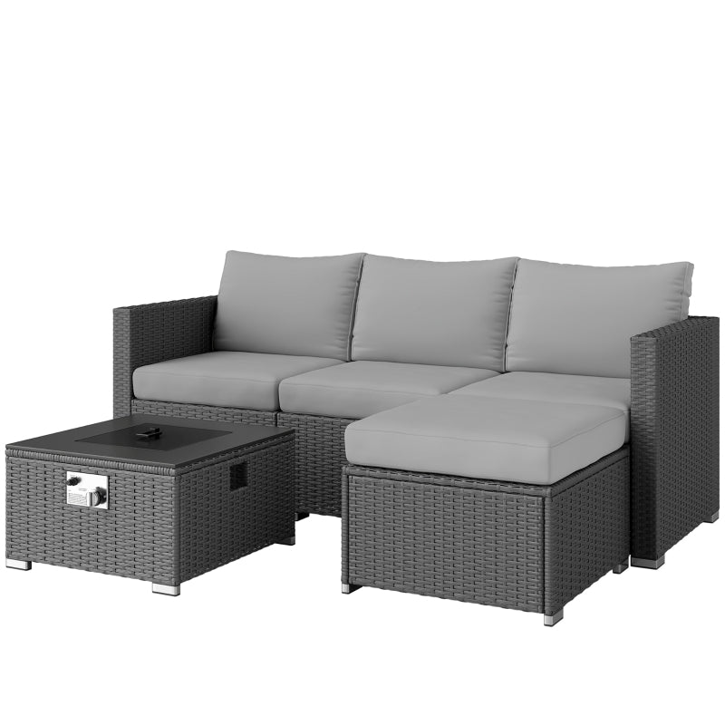 5-Piece Grey Rattan Garden Furniture Set with Gas Fire Pit Table & Footstools