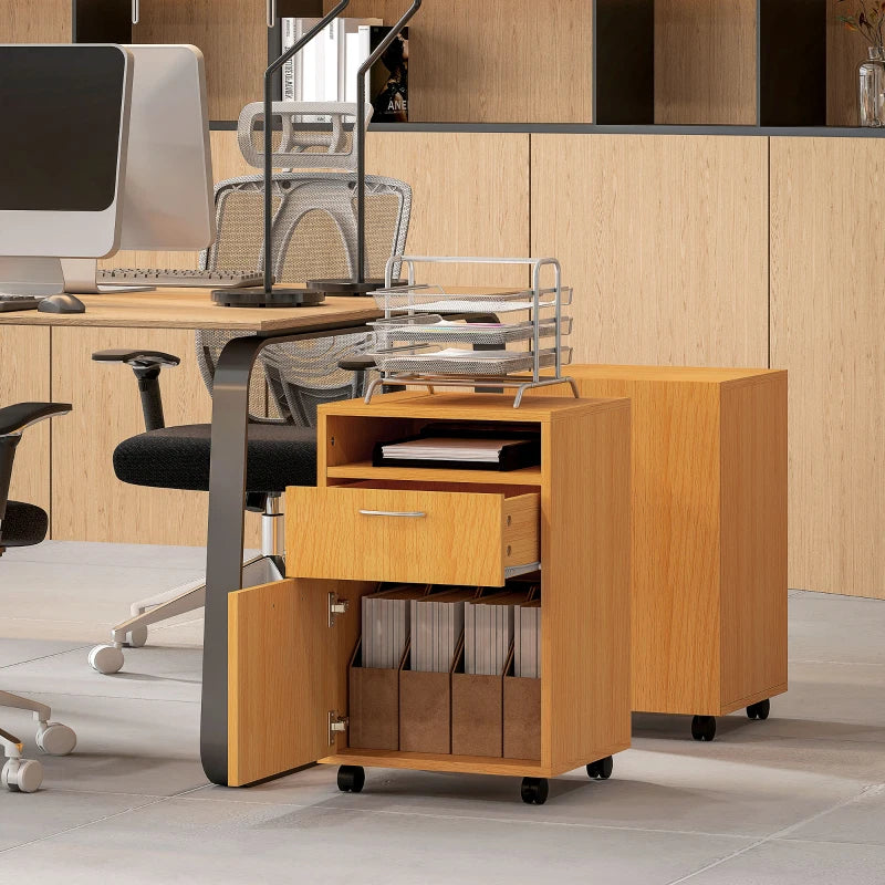 60cm Mobile Filing Cabinet with Drawer & Open Shelf, 4 Wheels, Metal Handles - Natural Wood Finish for Office & Home