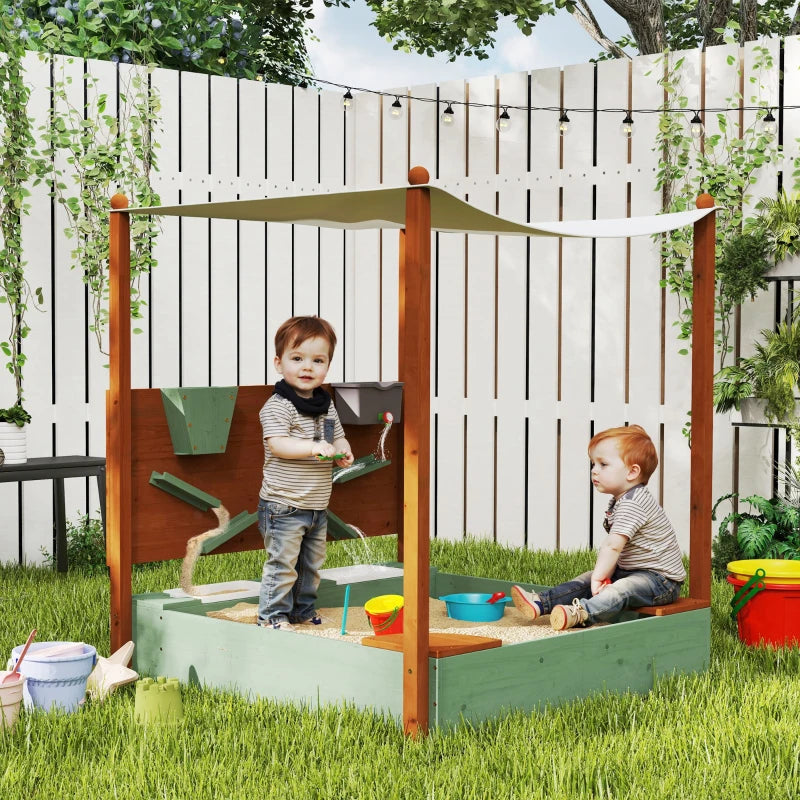 Wooden Sandpit with Canopy and Storage Bins for Kids Outdoor Play 116x112.5x128 cm Green