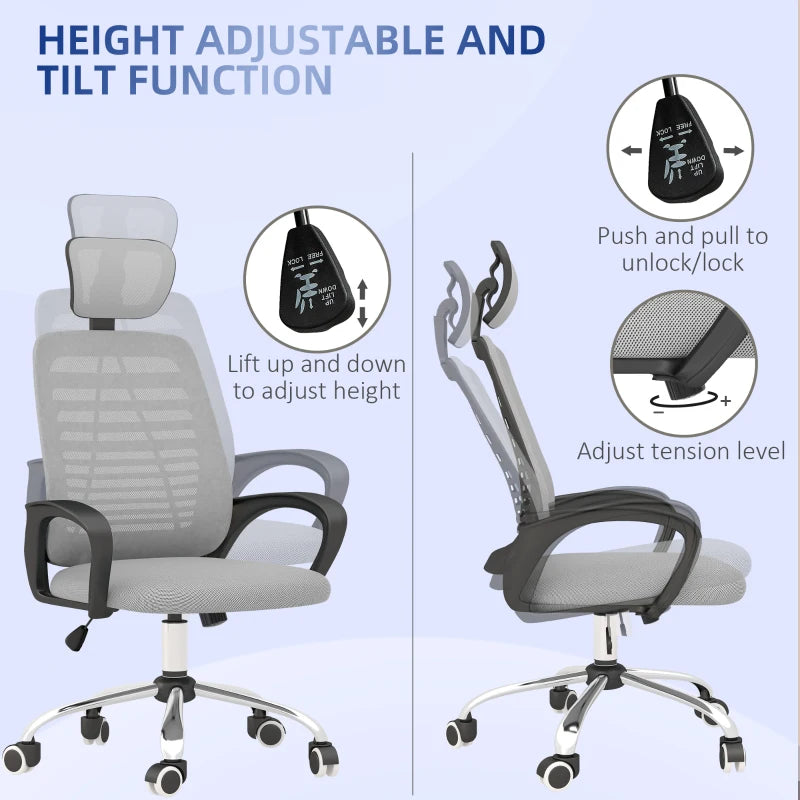 Vinsetto Ergonomic Mesh Office Chair with Rotatable Headrest, Lumbar Support & Armrests - Stylish Grey Desk Chair