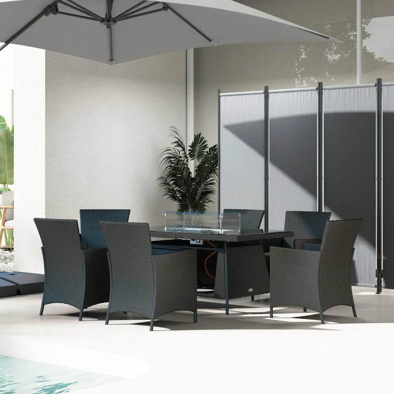 7-Piece Black Outdoor Rattan Garden Furniture Set with Fire Pit Table, 6-Seater Dining Set with Cushions and Propane Heater, 50,000 BTU