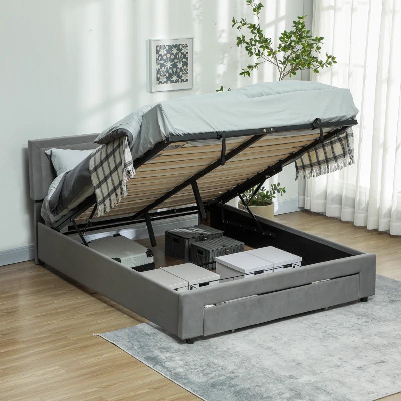 King Size Grey Ottoman Bed Frame with Front Drawer - Stylish Storage Solution for Modern Bedrooms