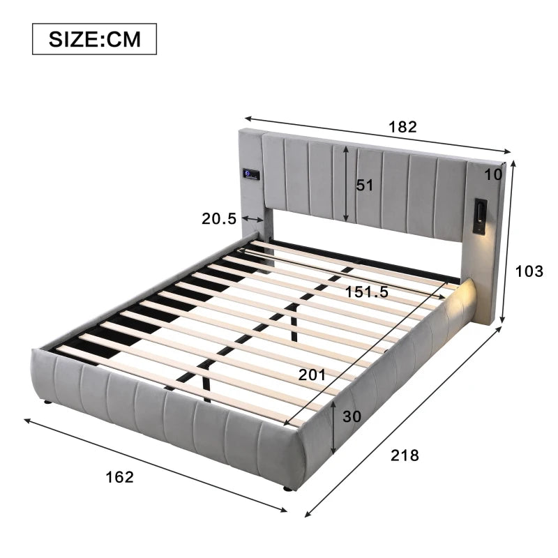 Stylish King Size Upholstered Bed with Stereo and USB Charging Ports Velvet Iron Frame Grey