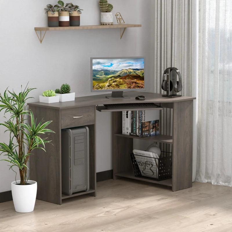 L-Shaped Corner Computer Desk with 2 Shelves, Keyboard Tray, Drawer & CPU Stand - Grey Home Office Furniture