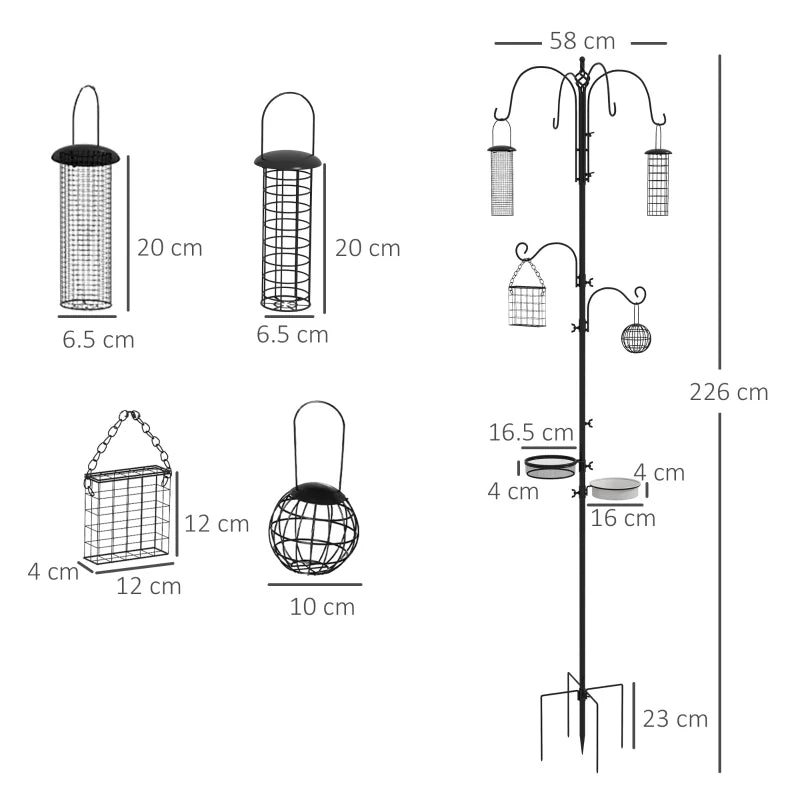 Premium Bird Feeding Station Kit - 6 Hook Wild Bird Feeder Pole with 4 Hanging Feeders for Garden & Outdoor Use - Black