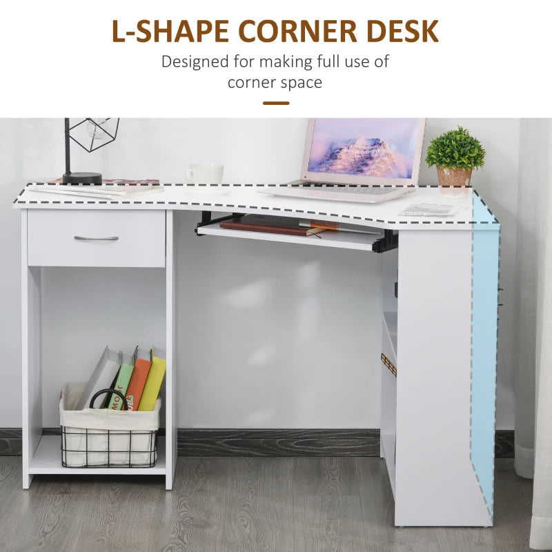 L-Shaped Corner Computer Desk with 2 Shelves, Keyboard Tray, Drawer & CPU Stand - White Home Office Furniture