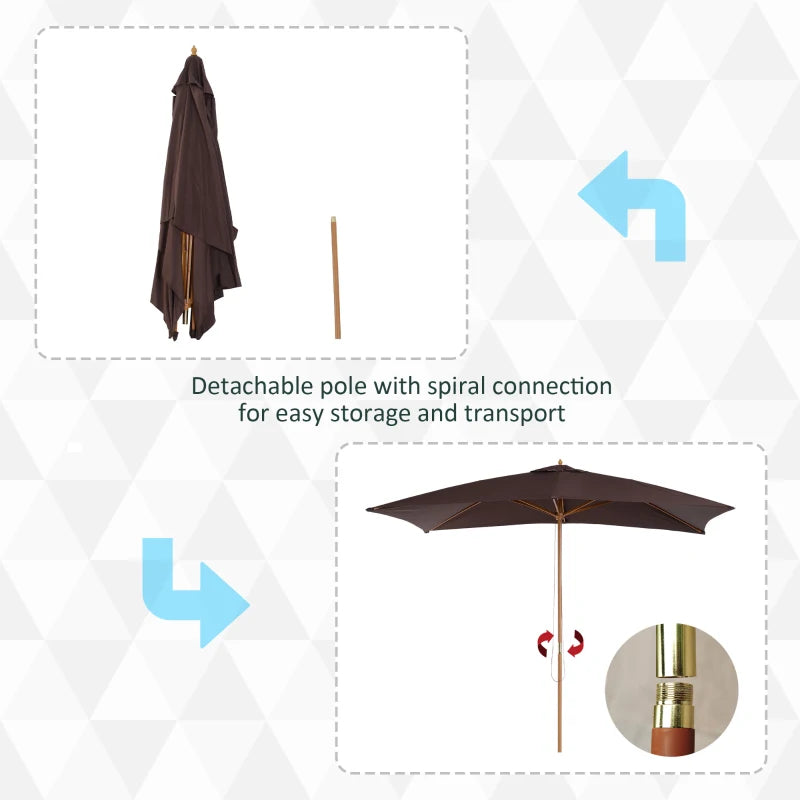 Dark Coffee Wooden Garden Parasol Umbrella - 2 x 3m Outdoor Sun Shade
