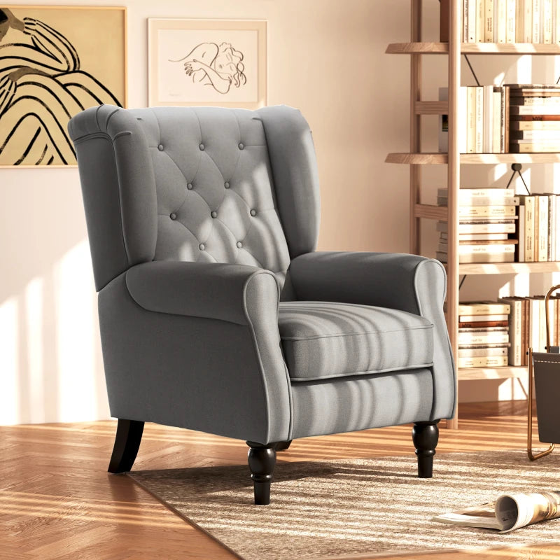 Stylish Retro Linen Wingback Armchair with Button Tufting and Wooden Frame for Living Room or Bedroom, Dark Grey