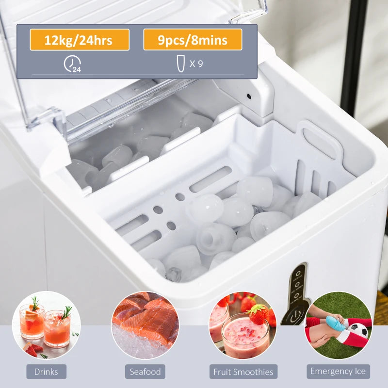 Compact Ice Maker Machine - 1.5L Countertop, Self-Cleaning, 9 Cubes in 8 Mins, 12kg/24hrs, No Plumbing, White