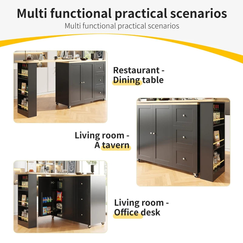 360° Swiveling Dining Table with Snack Rack & Drawers - Multifunctional Kitchen Island on Castors, Black, 209L x 39W x 104H cm