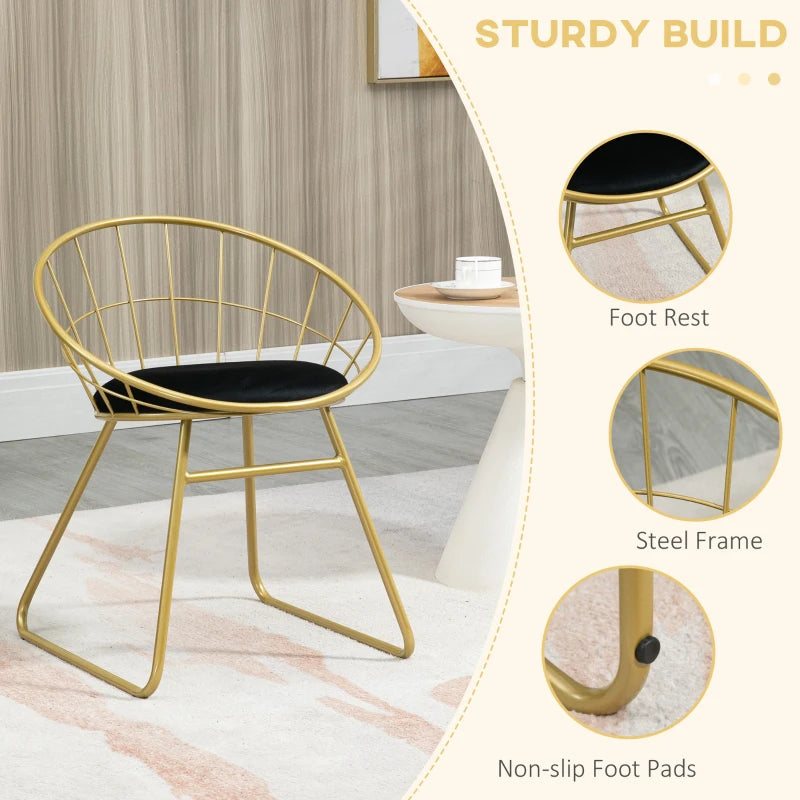 Modern Dining Chairs Set of 2 - Velvet Cushion, Round Back, Metal Wire Frame, Stylish Gold Accent for Kitchen & Living Room