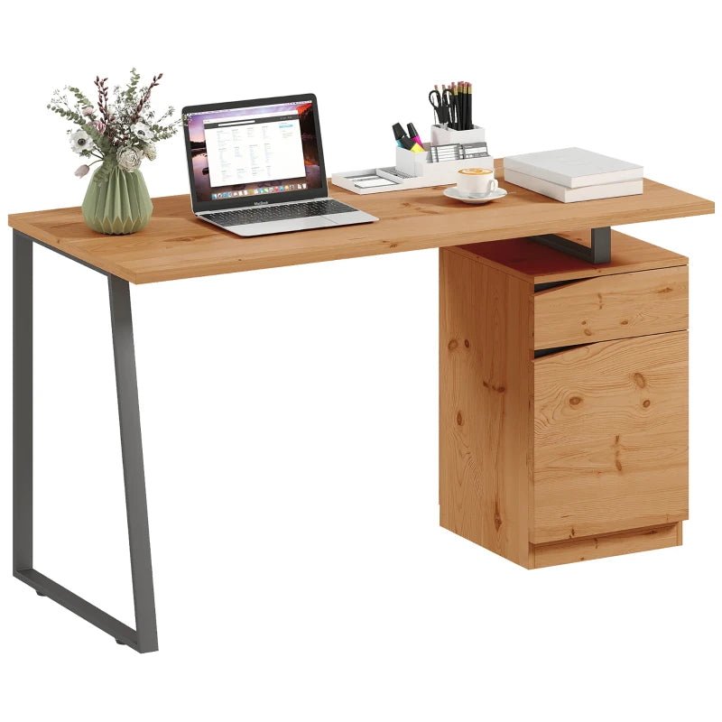 Modern Computer Desk with Cabinet & Drawer - Stylish Writing Desk for Home Office & Study - Metal Legs, Natural Wood Finish