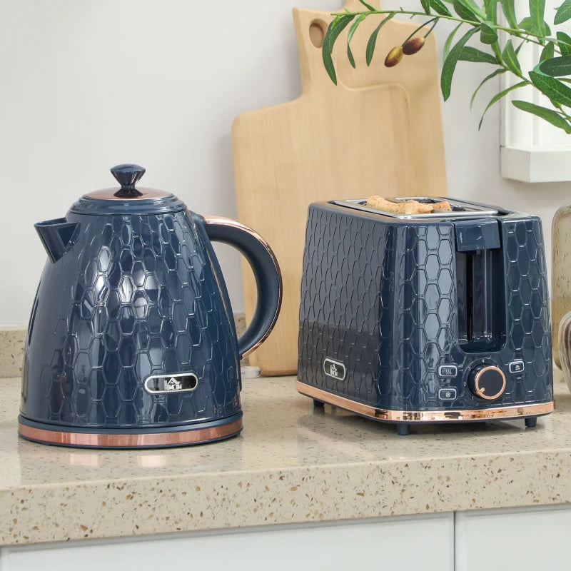 1.7L 3000W Fast Boil Kettle & 2 Slice Toaster Set - Auto Shut Off, Browning Controls, Stylish Blue Finish