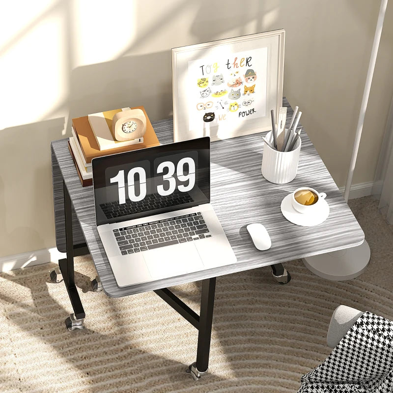 Unique Six-Seater Drop-Leaf Dining Table on Wheels - Stylish Grey Wood-Effect for Modern Homes