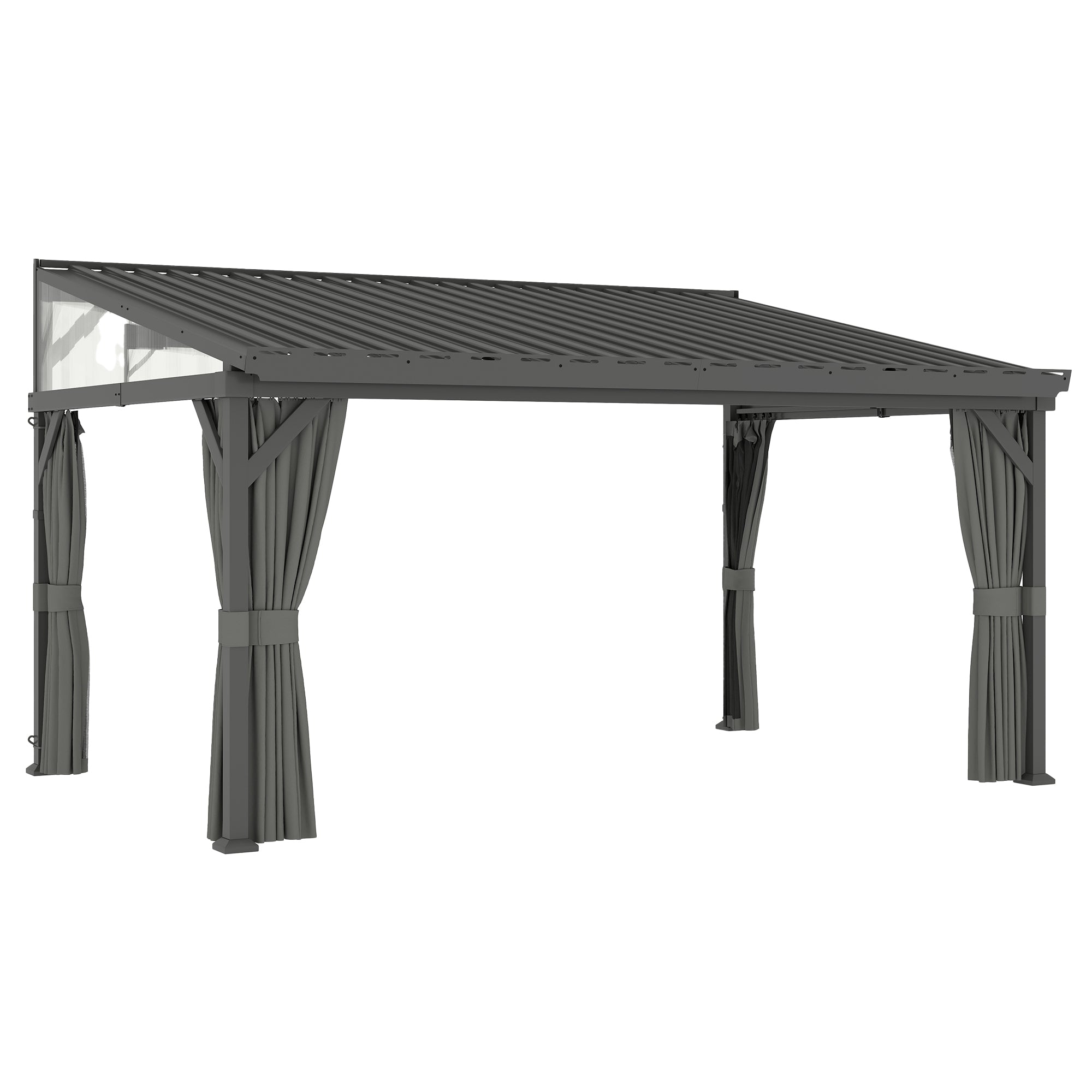 4.3m x 3m Lean-To Garden Pergola with Galvanised Steel Roof – Dark Grey Patio Gazebo with Netting Curtains for All-Weather Outdoor Living