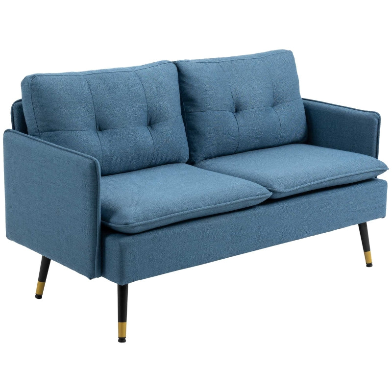 Modern Button Tufted Two Seater Sofa with Cushions and Steel Legs for Living Room, Dark Blue